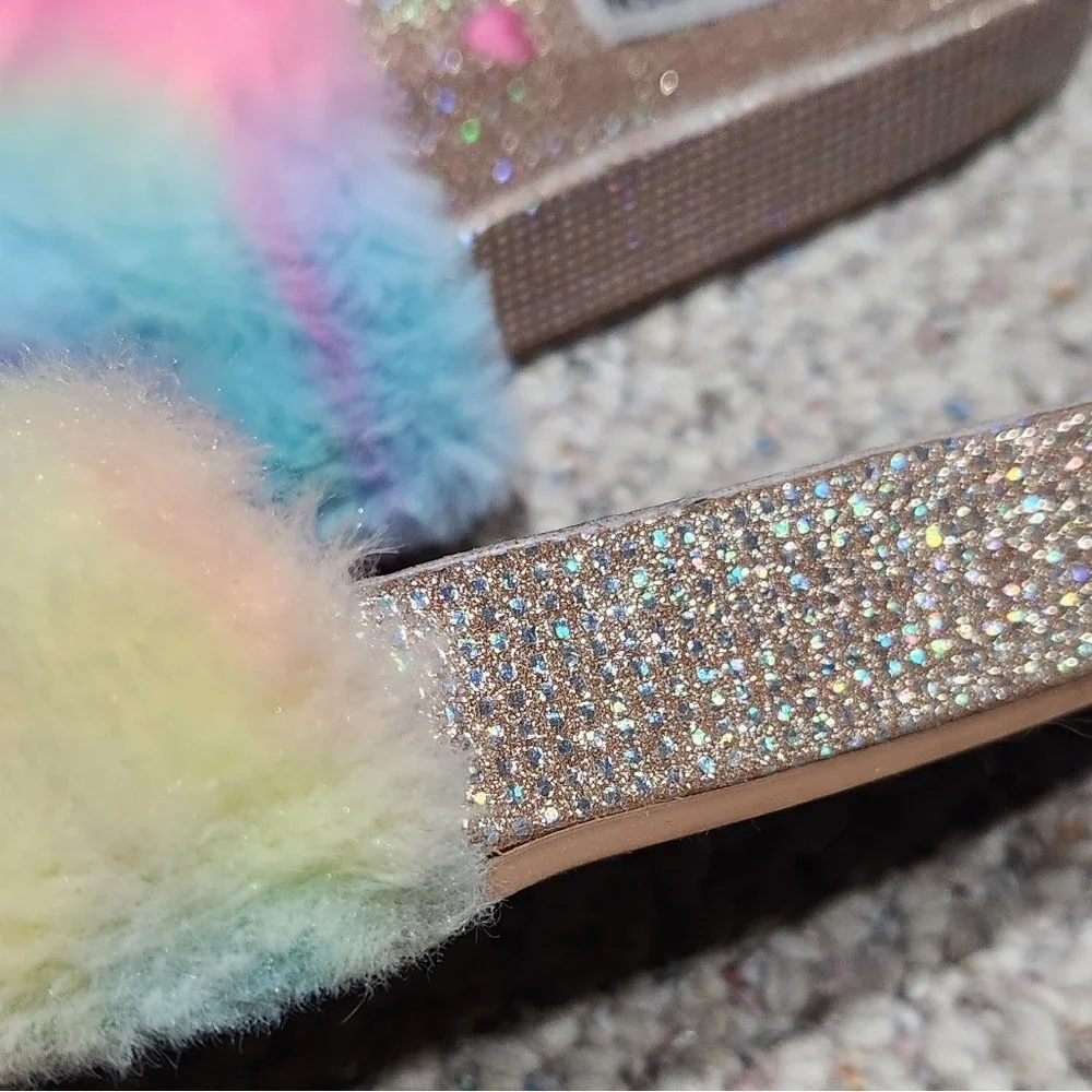 Steve Madden Platform Slide Sandals Faux Fur Rainbow Glitter‎ Y2K Girls